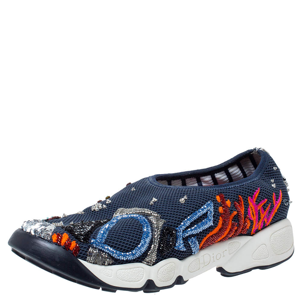 Pre Owned حذاء رياضي ديور فيوجن شبكة زرقاء مزخرف بعنق منخفض مقاس 36