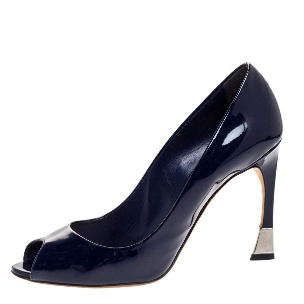 Dior Midnight Blue Patent Leather Diorella Peep Toe Pumps Size 40