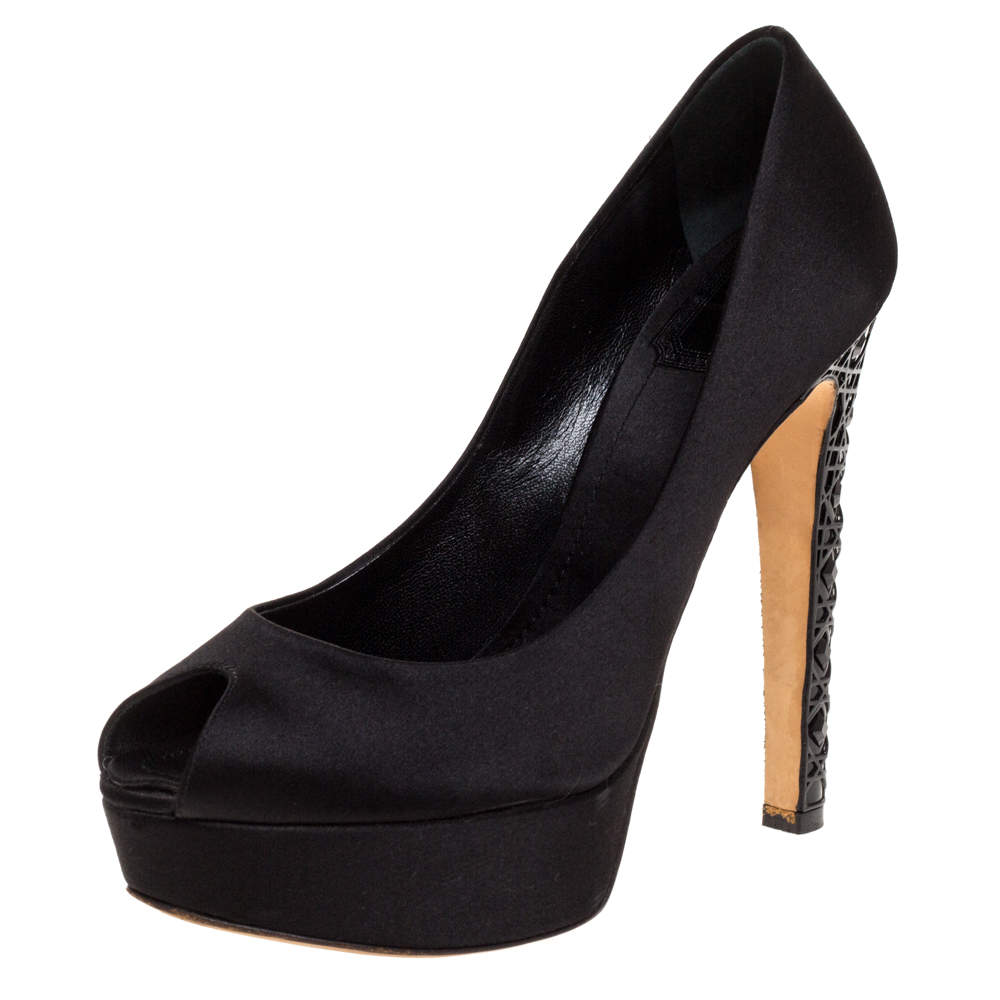 Dior Black Satin Peep Toe Cannage Heel Platform Pumps Size 36.5 Dior ...
