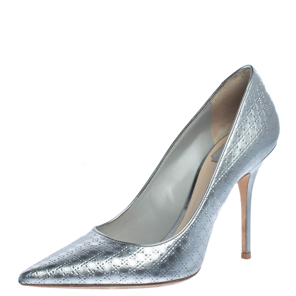 Dior Metallic Silver Cannage Leather Cherie Pointed Toe Pumps Size 40 ...