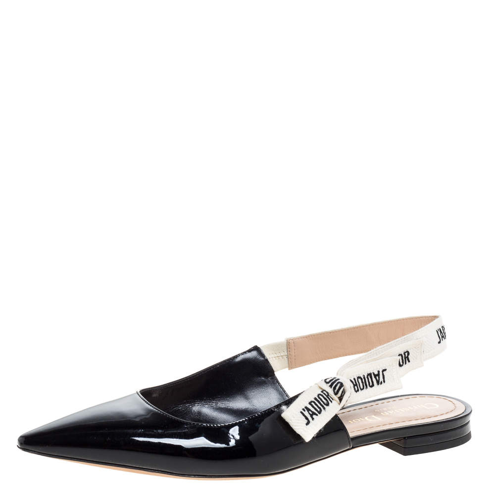 Dior Black Patent Leather J'adior Ribbon Pointed Toe Slingback Sandals Size 38