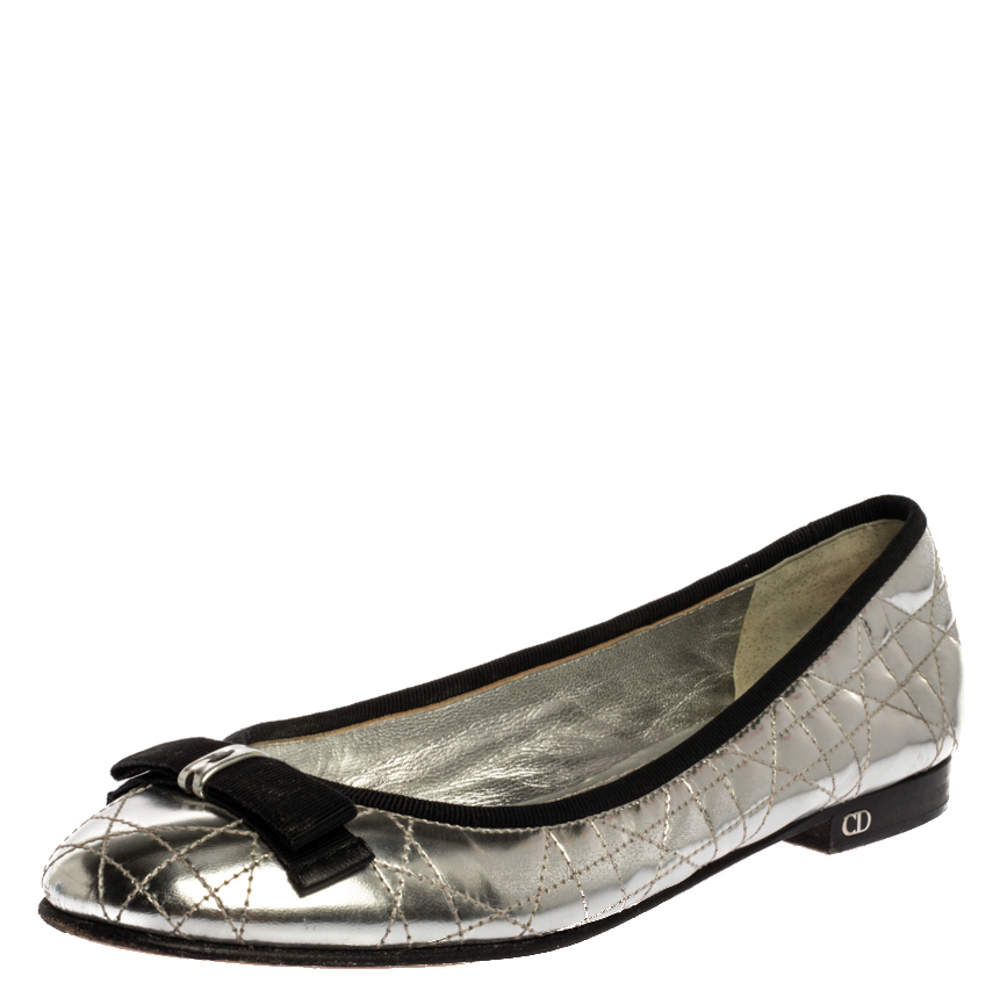 Dior Metallic Silver Quilted Cannage Leather My Bow Ballet Flats Size 37