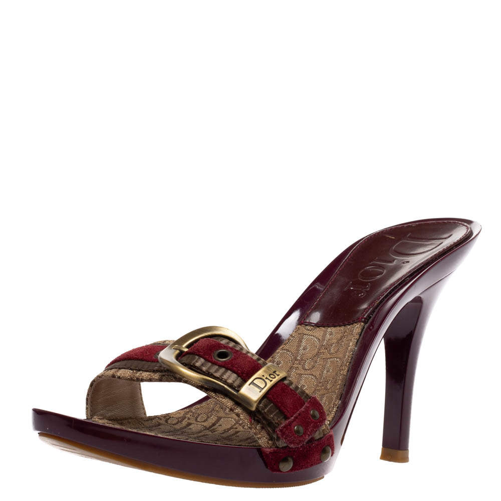 Dior Brown Monogram Canvas And Burgundy Suede Buckle Detail Slide Sandals Size 38