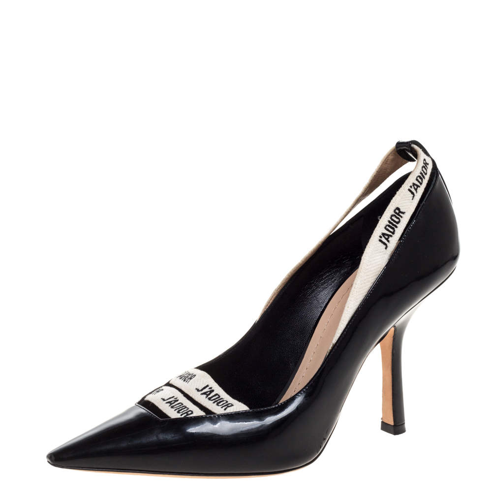 Dior Black Patent Leather J'adior Ribbon Pointed Toe Pumps Size 38