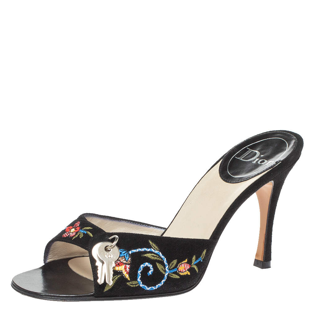 Pre Owned Dior Black Suede Embroidered Lock And Key Open Toe Sandals Size 39