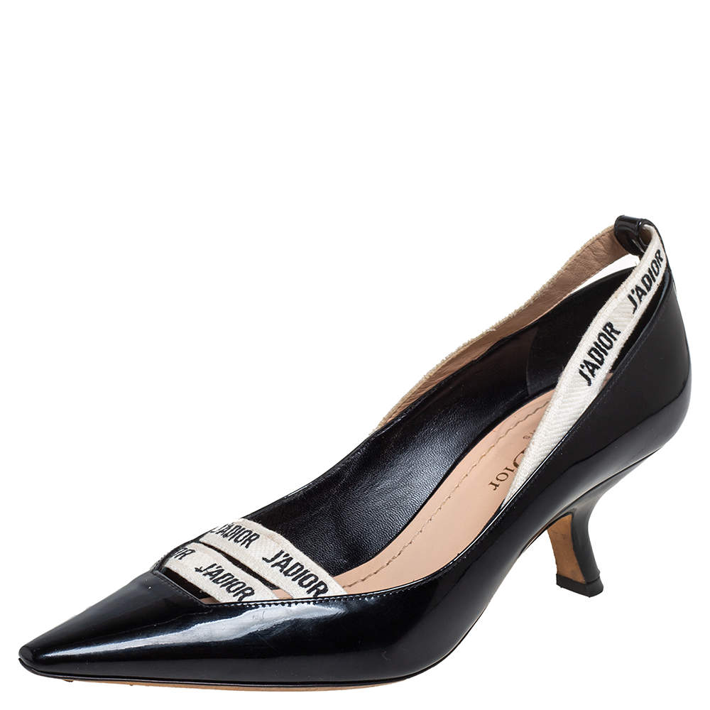 Dior Black Patent Leather J'adior Ribbon Pointed Toe Pumps Size 35.5
