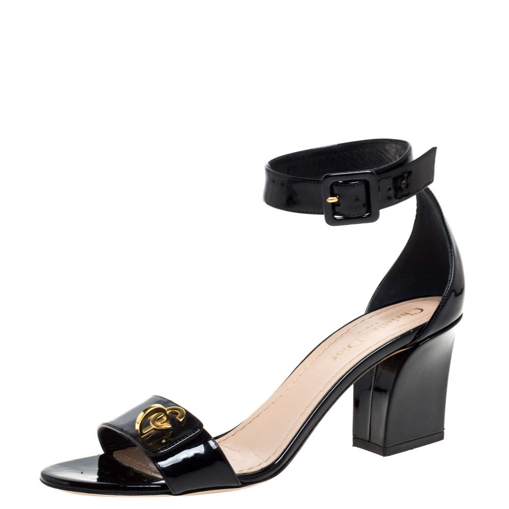 Dior Black Patent Leather C'est Ankle Strap Block Heel Sandal Size 39