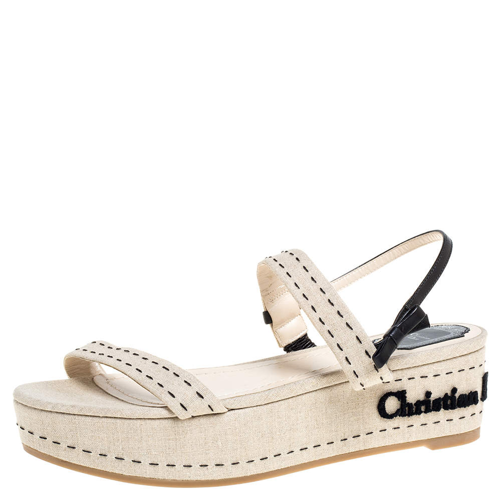 مملوكة مسبقًا Dior Beige Canvas Ankle Strap Platform Sandals Size 41