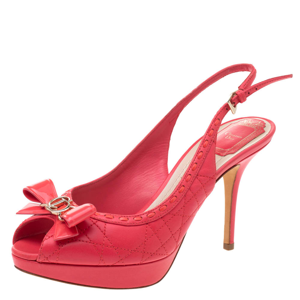 Pre Owned Dior Coral Red Cannage Leather Bow Slingback Peep Toe Platform Sandals Size 37.5