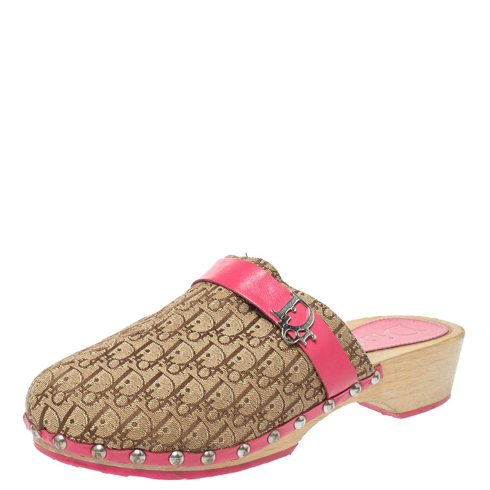 Dior Pink/White Diorissimo Canvas And Leather Trim Clog Mules Size 34