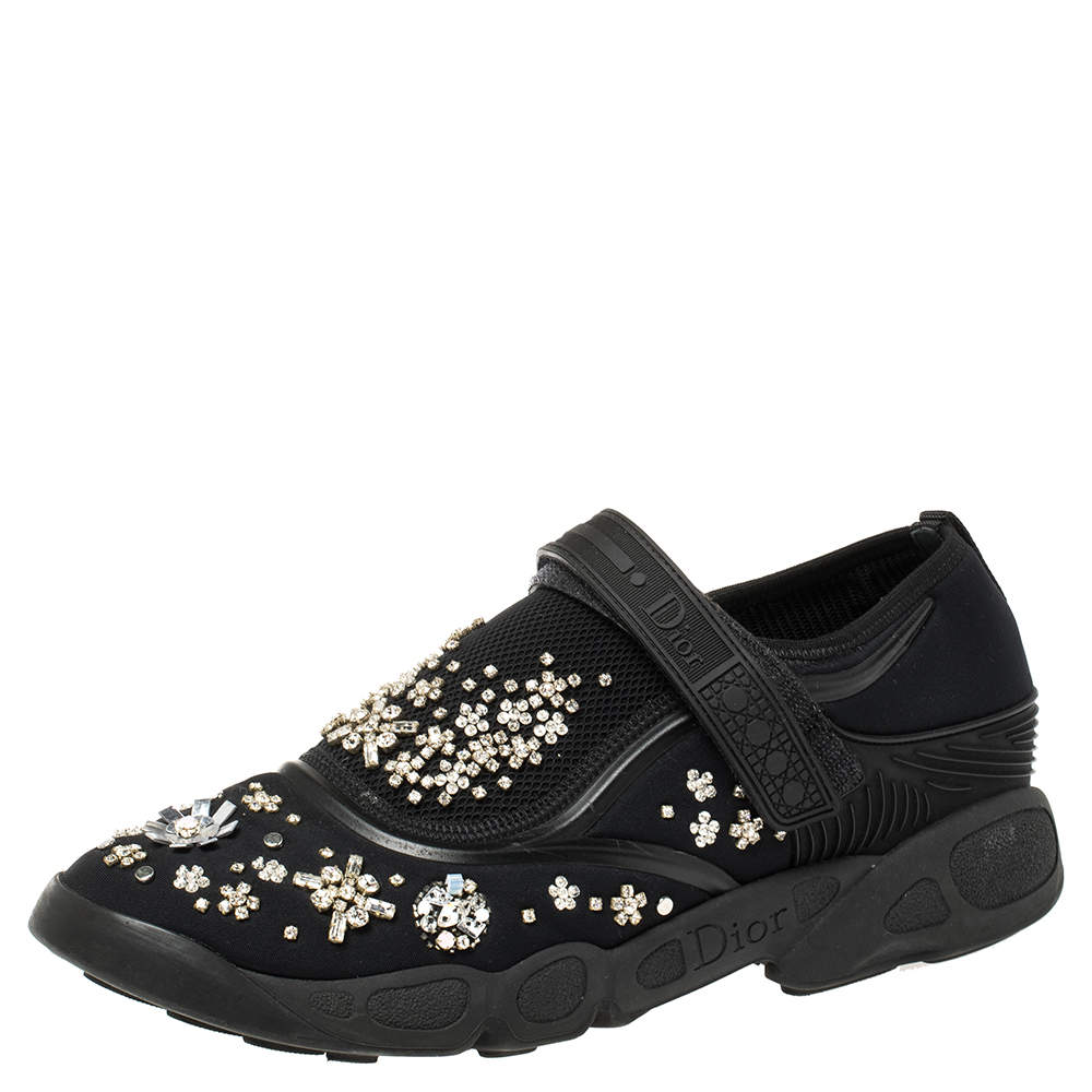 Pre Owned حذاء رياضي ديور سليب أون مزخرف كريستال فوشيون شبك أسود مقاس 41