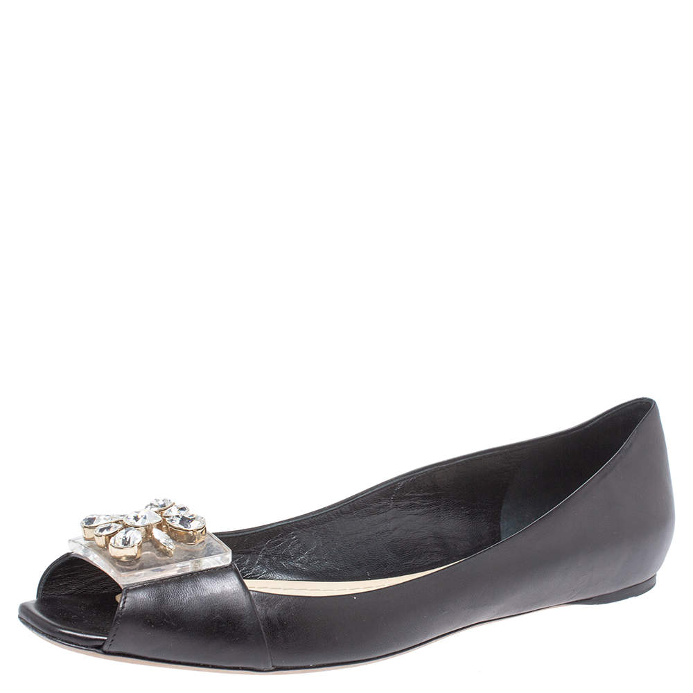 Dior Black Leather Crystal Embellished Peep Toe Pumps Size 41
