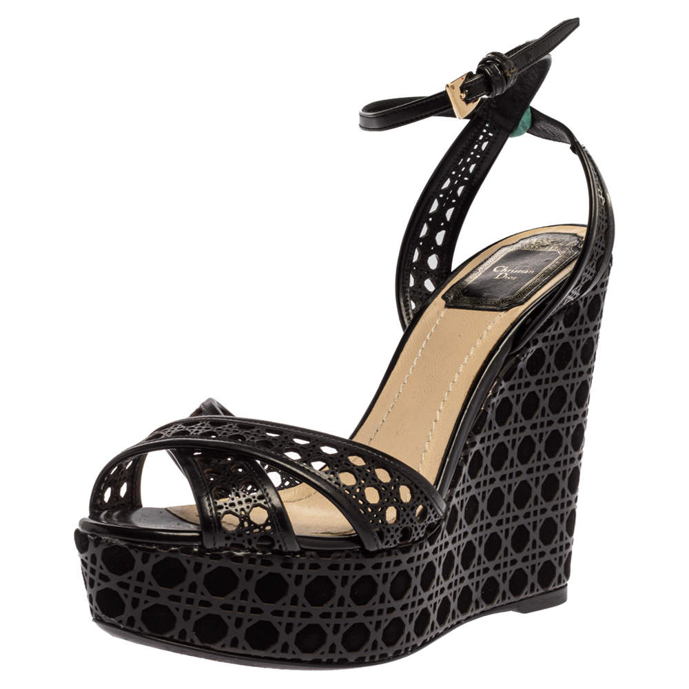 مملوكة مسبقًا Dior Black Leather Cannage Cutout Ankle Strap Wedge Platform Sandals Size 37.5