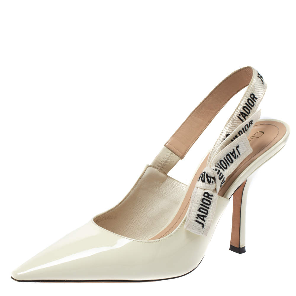Dior White Patent Leather J'adior Ribbon Pointed Toe Slingback Pumps Size 40