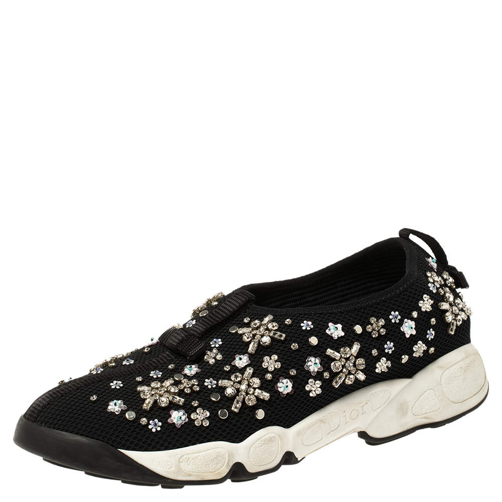 Pre Owned Dior Black Mesh Fusion Crystal Embellished Slip On Sneakers Size 37