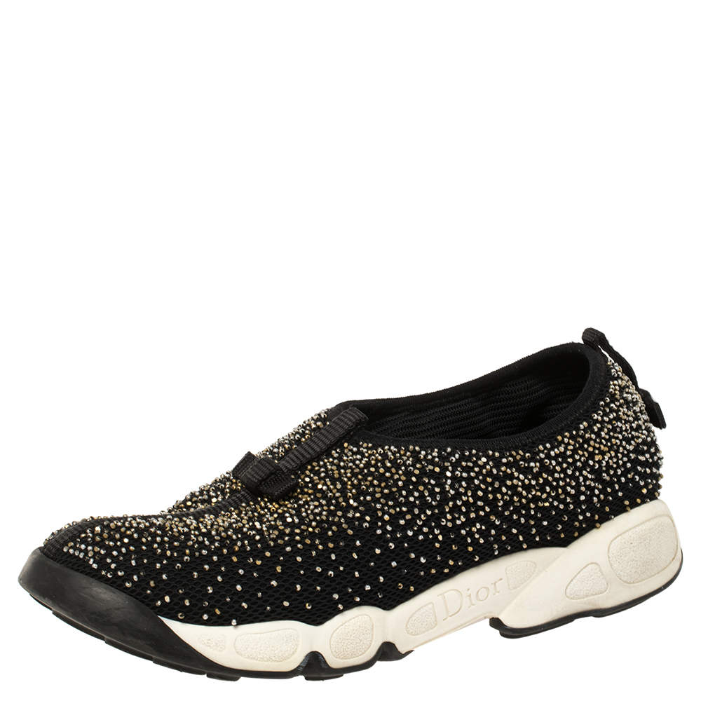 Pre Owned Dior Black Mesh Fusion Beaded Slip On Sneakers Size 37.5