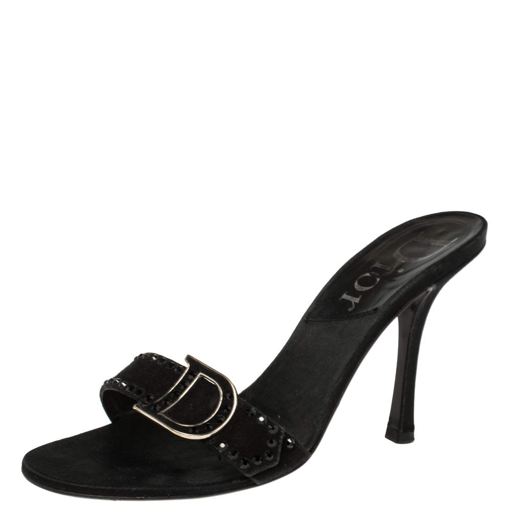 Pre Owned Dior Black Suede Crystal Embellished CD Logo Slide Sandals Size 36.5