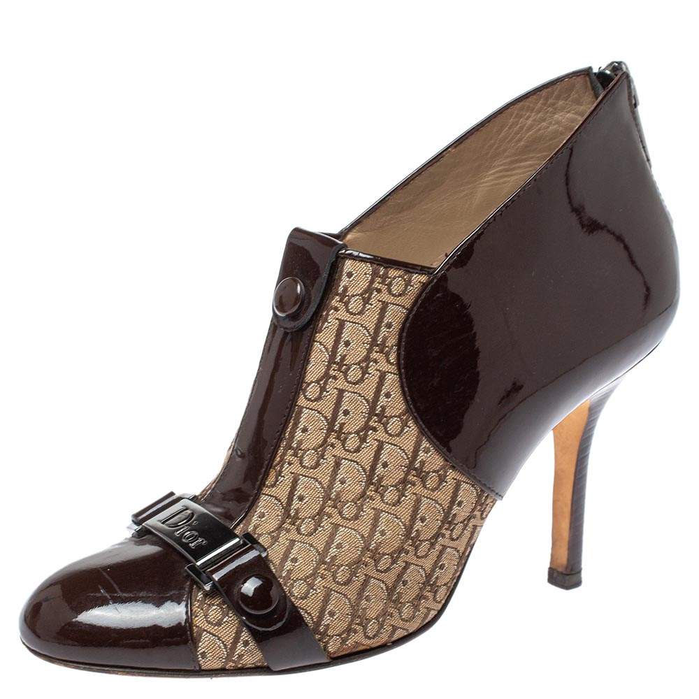 Pre Owned Dior Brown/Beige Patent Leather and Diorissimo Canvas Ankle Booties Size 35.5