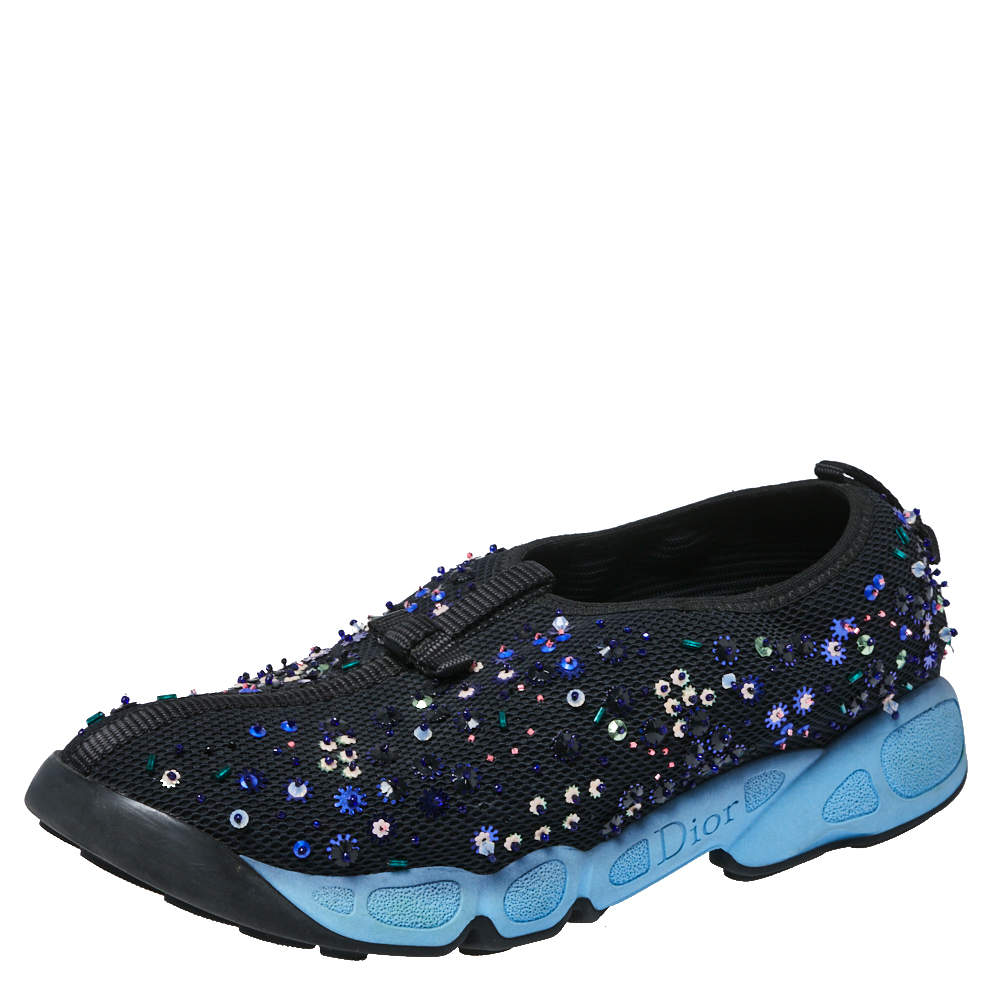 مملوكة مسبقًا حذاء رياضي ديور فيوجن شبكة أسود مزخرف كريستال سليب أون مقاس 38