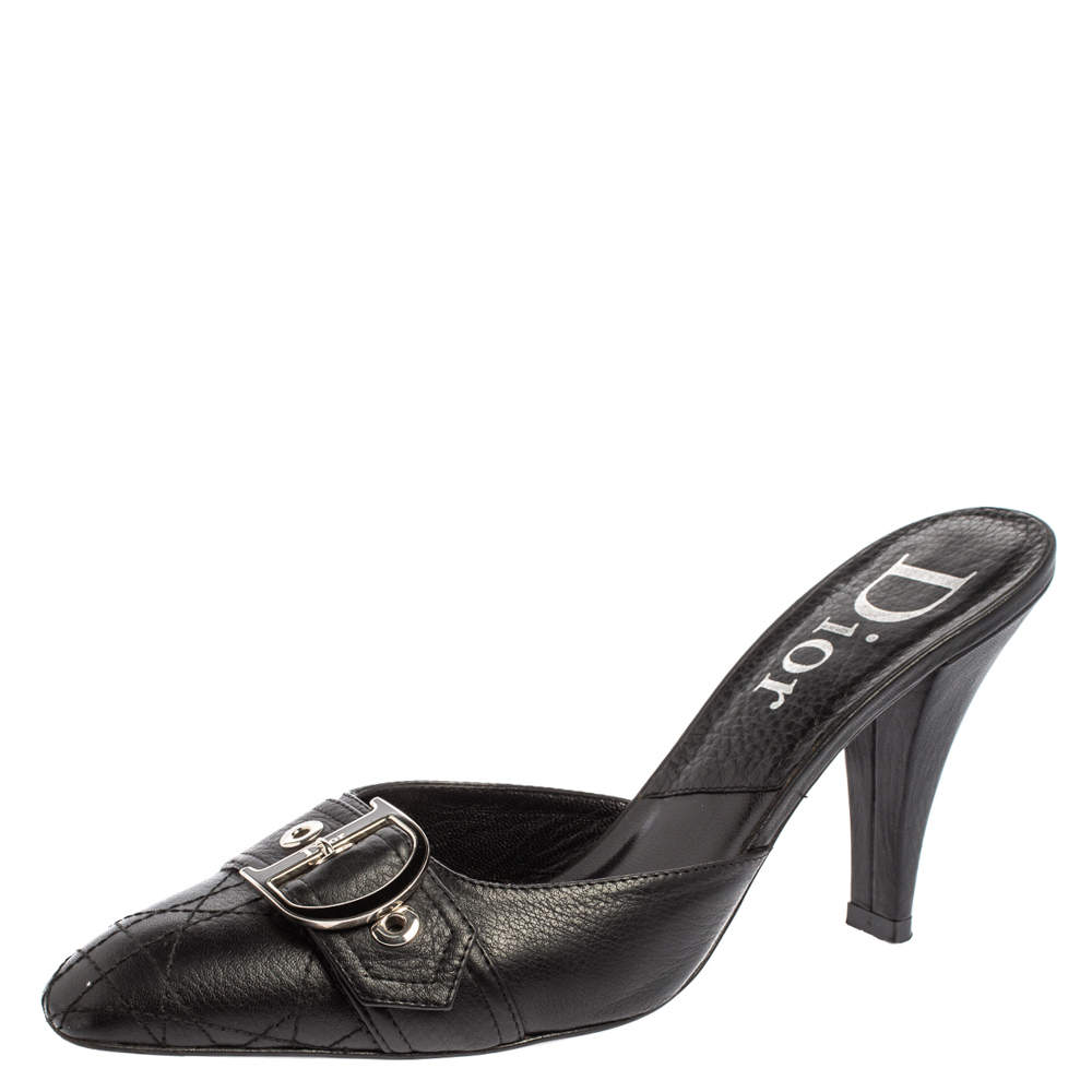Dior Black Quilted Leather Buckle Detail Mules Size 40