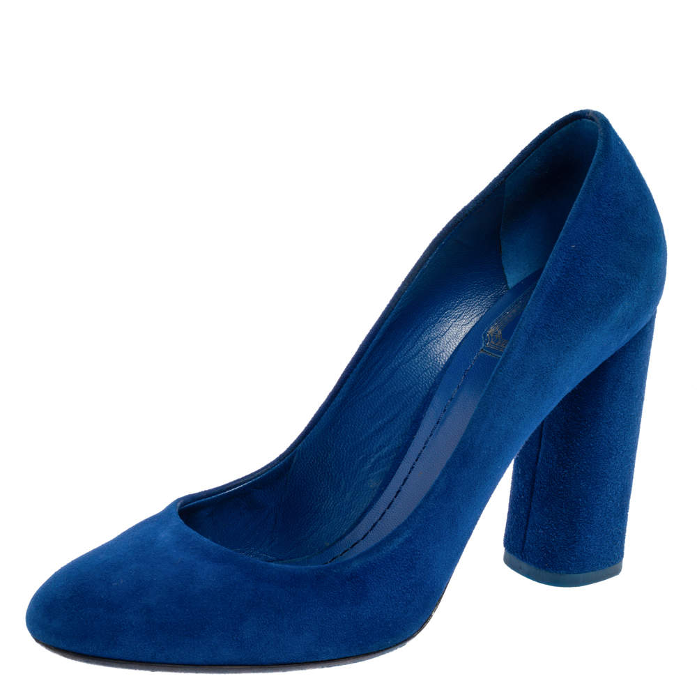 Dior Blue Suede Leather Block Heel Round Toe Pumps Size 39