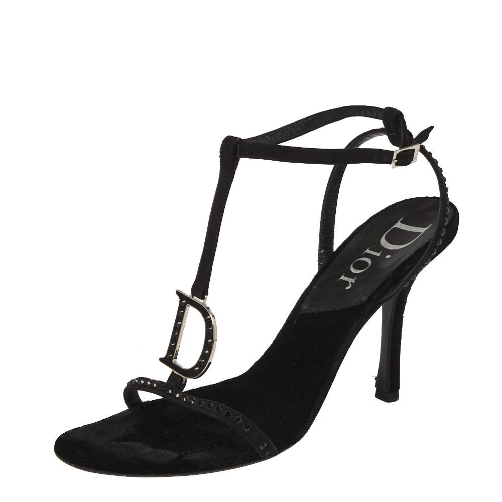 Pre Owned Dior Black Leather D Logo T-Strap Sandals Size 40