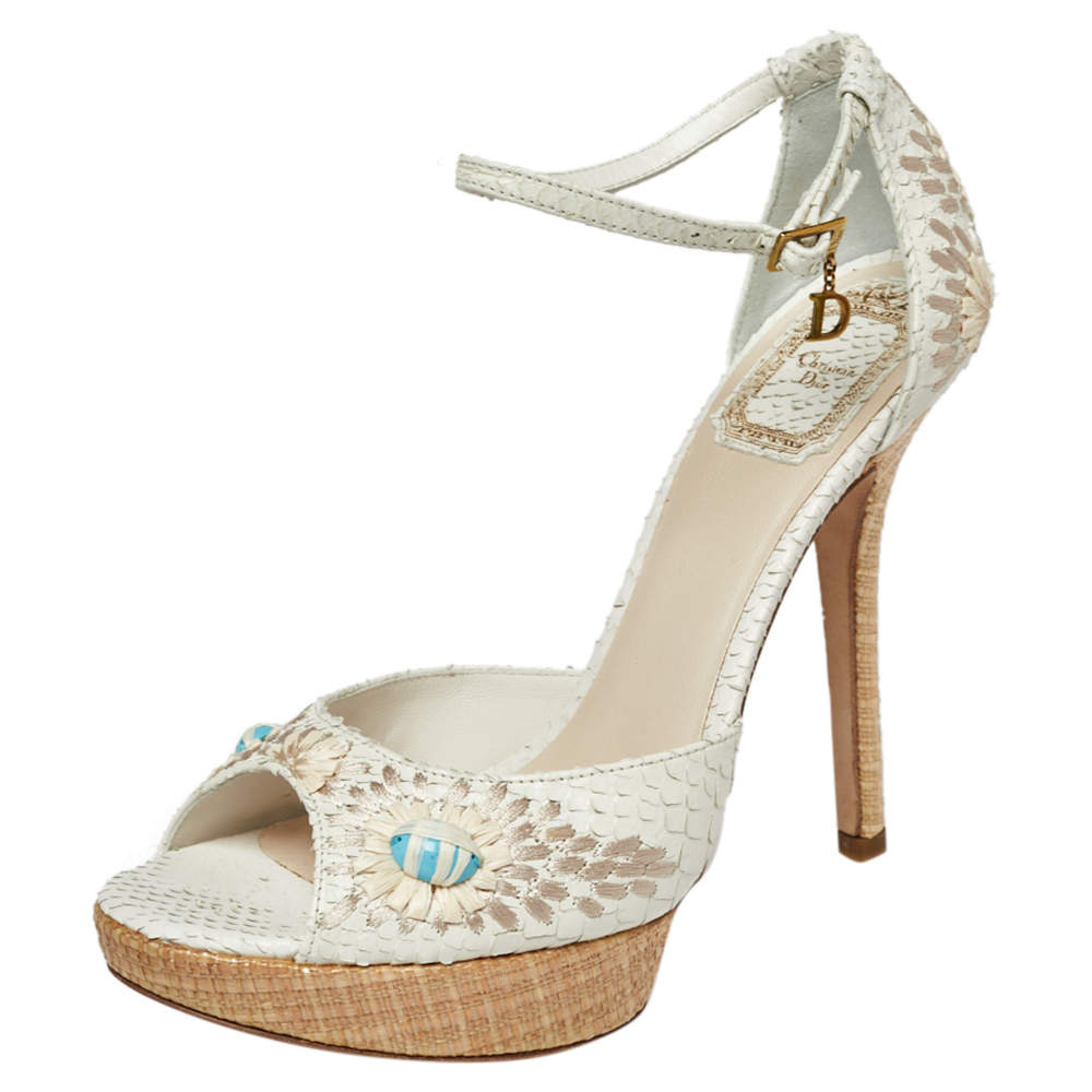 Dior White Embroidered Python And Raffia Ankle Strap Sandals Size 38.5