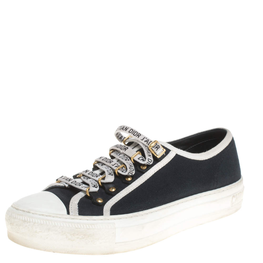 Dior Blue Canvas And White Cotton Trim Walk'N'Dior Low Top Sneakers Size 37