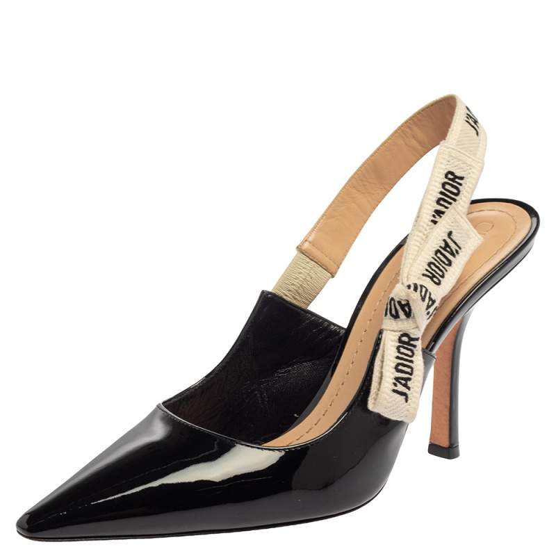 Dior Black Patent Leather J'Adior Slingback Sandals Size 38.5