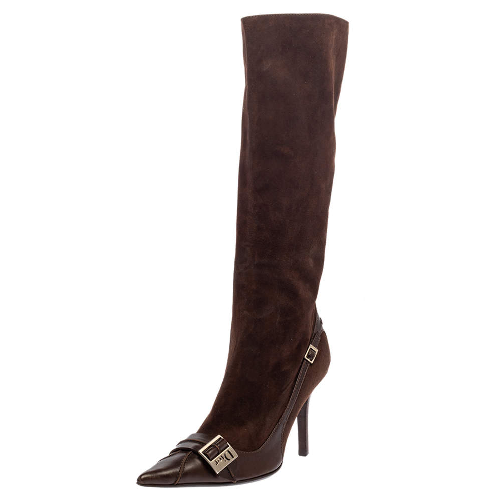 مملوكة مسبقًا Dior Brown Suede And Leather Knee Length Pointed Toe Buckle Boots Size 38