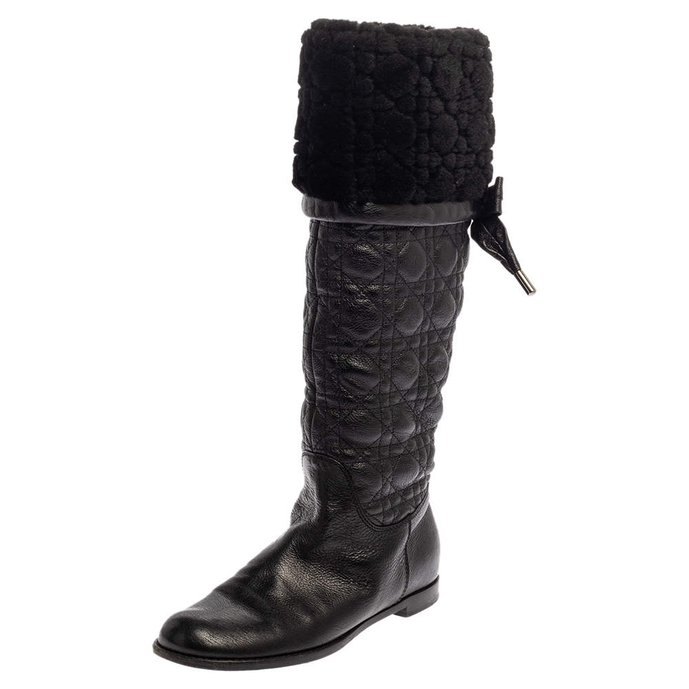 Dior Black Cannage Leather Ice Fur Cuffed Knee Length Boots Size 37