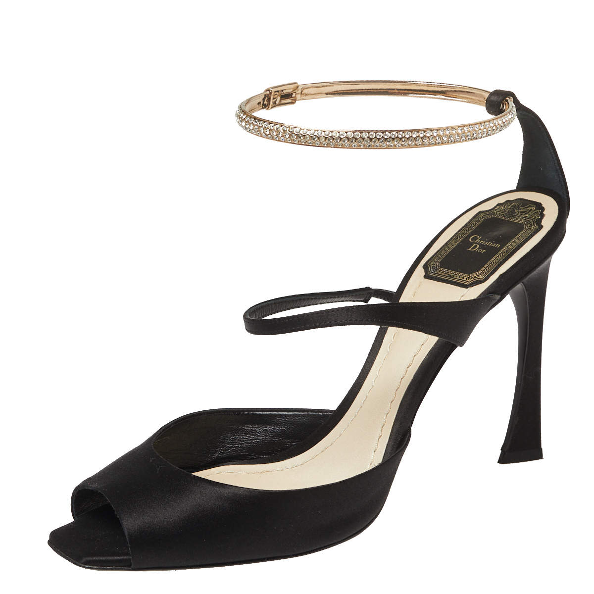 Pre Owned Dior Black Satin And Crystal Ankle Strap Cuff Sandals Size 40