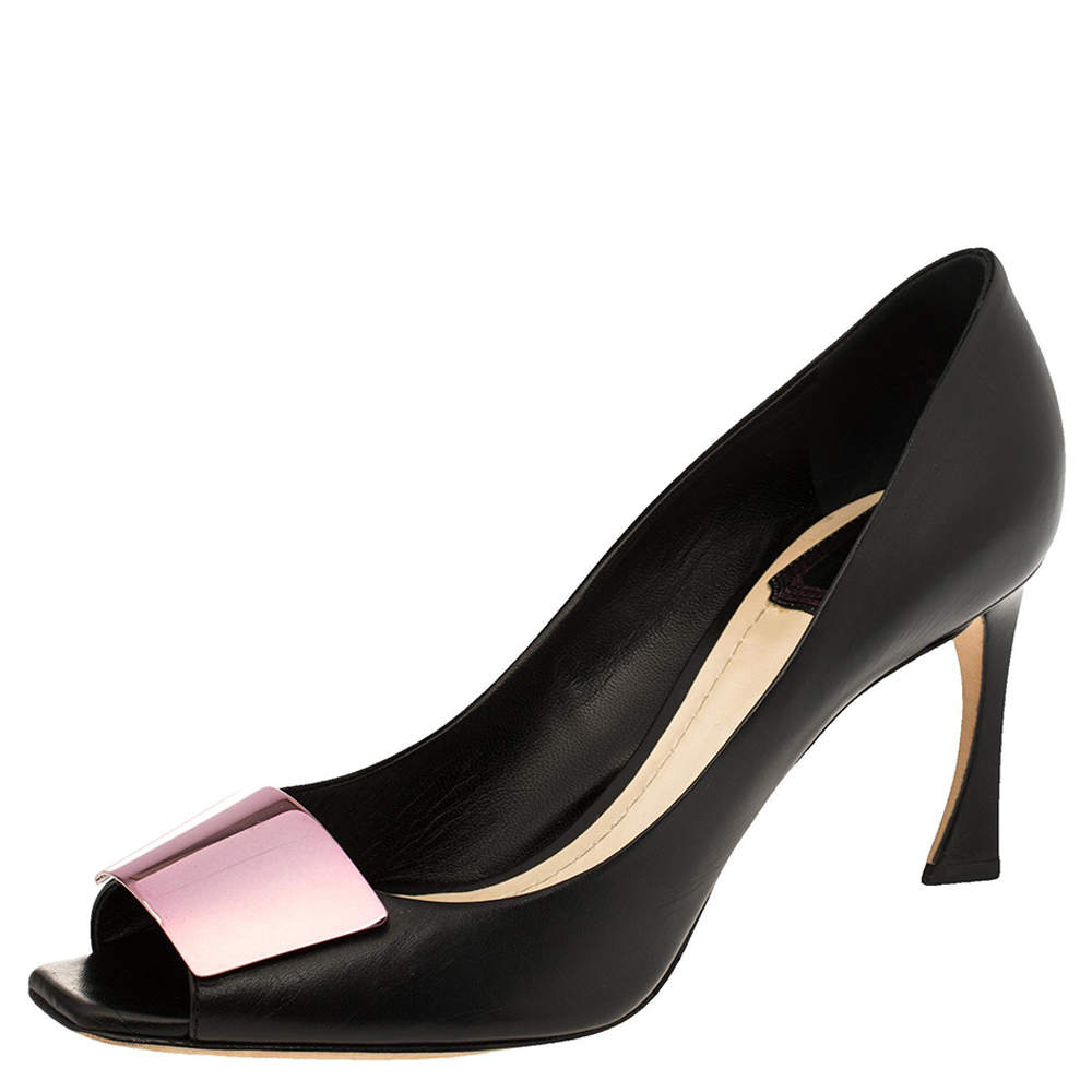 Pre Owned Dior Black Leather Plaque Peep Toe Pumps Size 38.5