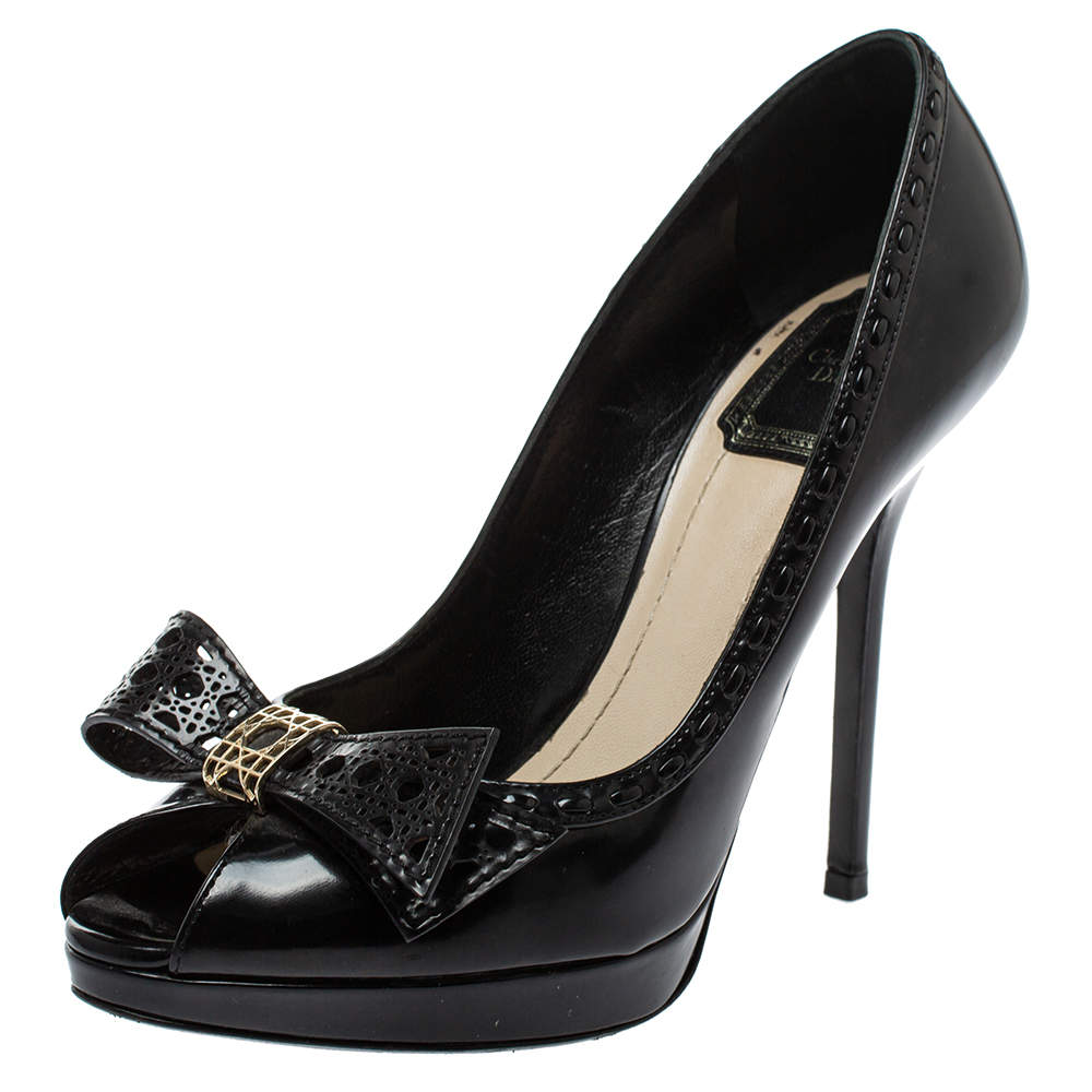 Dior Black Patent Leather Lovely Bow Detail Pumps Size 37
