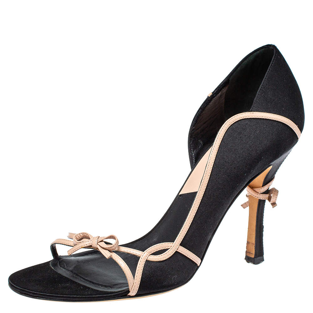 Dior Black Satin And Leather Open Toe Bow Sandals Size 39