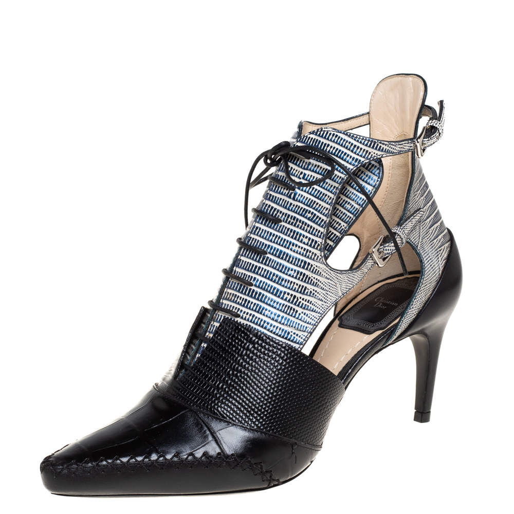 Dior Tricolor Lizard Embossed And Croc Embossed Leather Nomade Cut Out Lace Up Boots Size 37.5