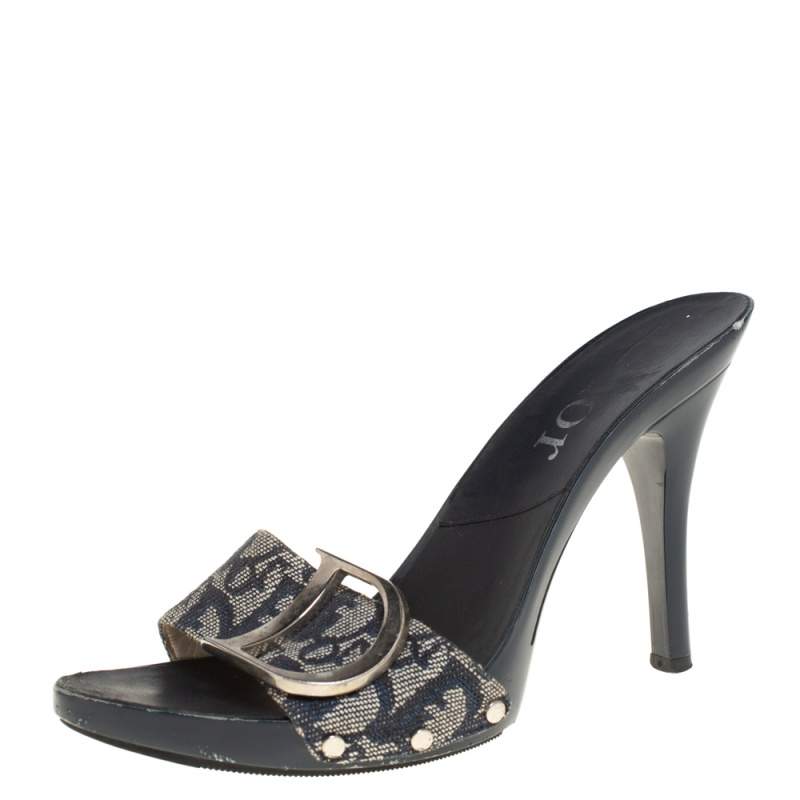 Pre Owned Dior Blue Canvas Logo Detail Slide Sandals Size 37