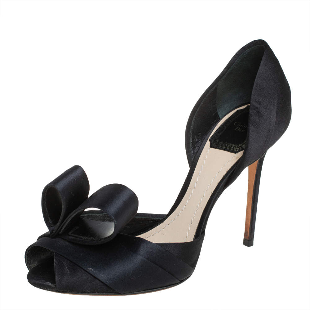 Dior Black Satin Peep Toe Bow D'Orsay Pumps Size 36.5
