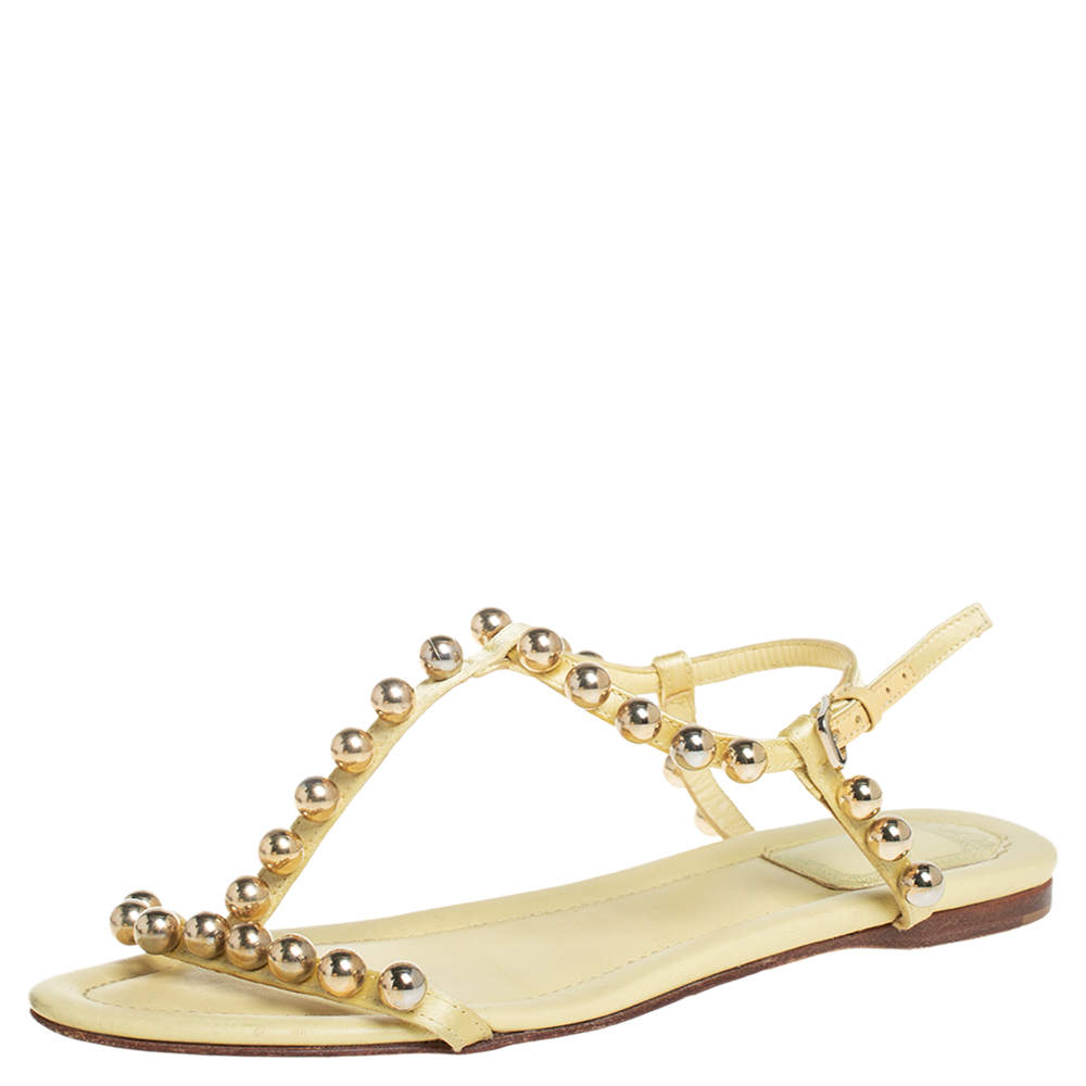 Pre Owned Dior Yellow Leather And Satin Pearl Embellishment T Strap Flats Size 37