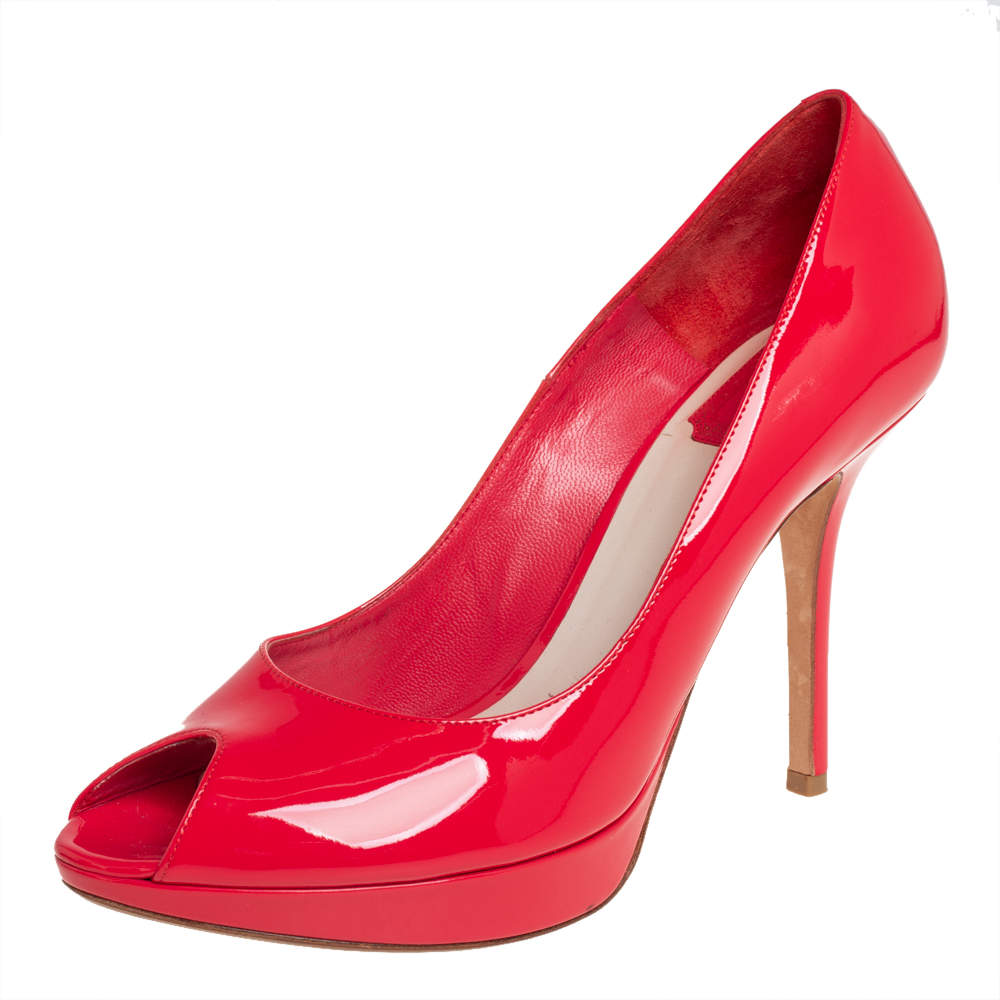 Christian Dior Red Patent Leather Miss Dior Peep Toe Platform Pumps Size 40