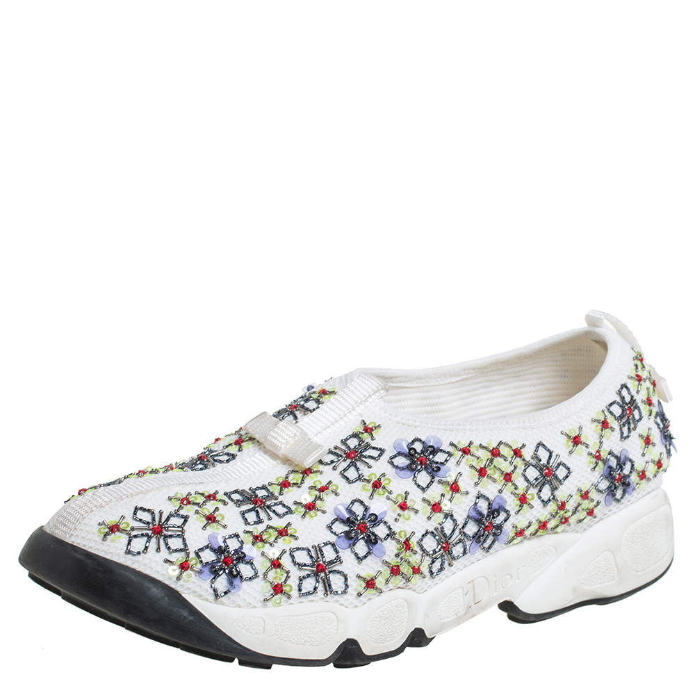 Pre Owned Dior White Mesh Embellished Fusion Slip On Sneakers Size 38.5