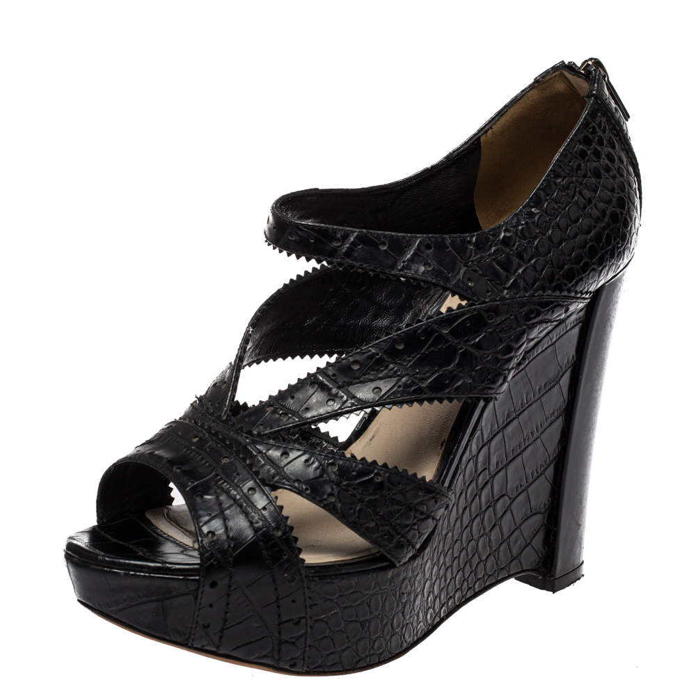 Dior Black Croc Embossed Leather Wedge Platform Strappy Sandals Size 38.5
