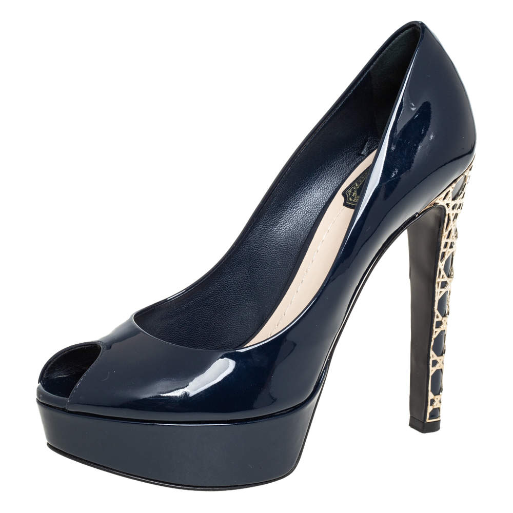 Christian Dior Navy Blue Patent Cannage Heel Peep Toe Platform Pumps Size 37