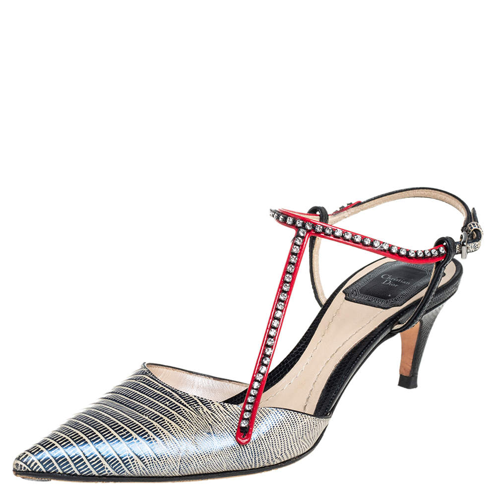 Pre Owned صندل ديور جلد نقشة السحلية ستراس مزين بحزام للكاحل مقدمة مدببة مقاس 38.5