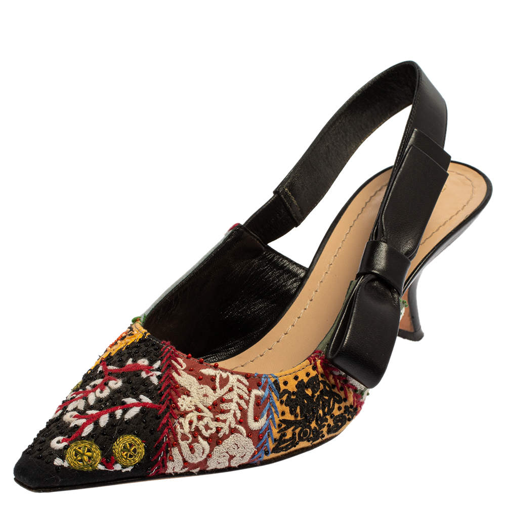 Dior Multicolor Embroidered Fabric Peace And Love Pointed Toe Slingback Sandals Size 38.5