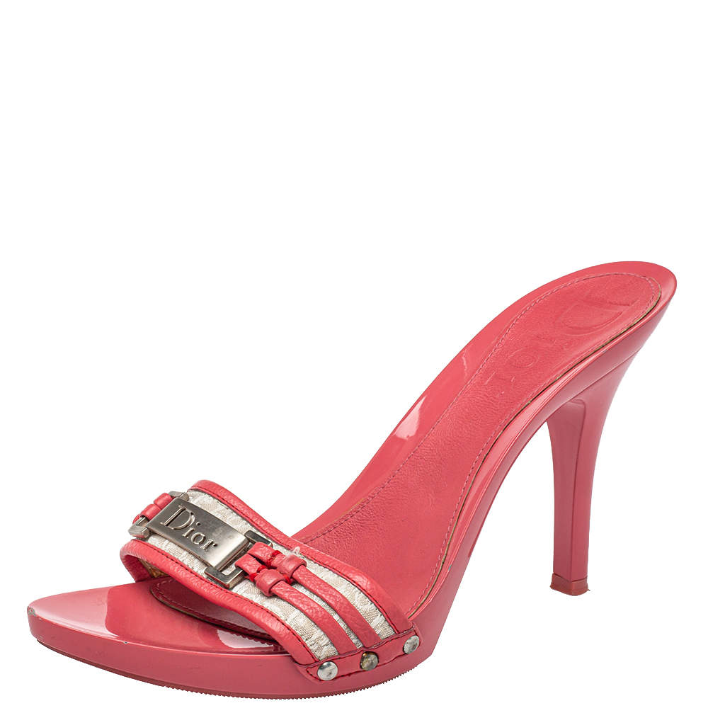 Dior Pink/White Canvas And Leather Logo Embellished Slide Sandals Size 40