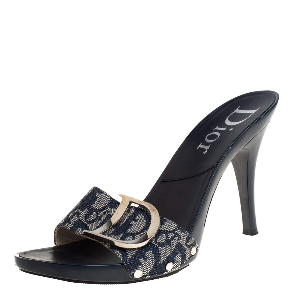 Dior Blue Canvas Logo Detail Slide Sandals Size 40