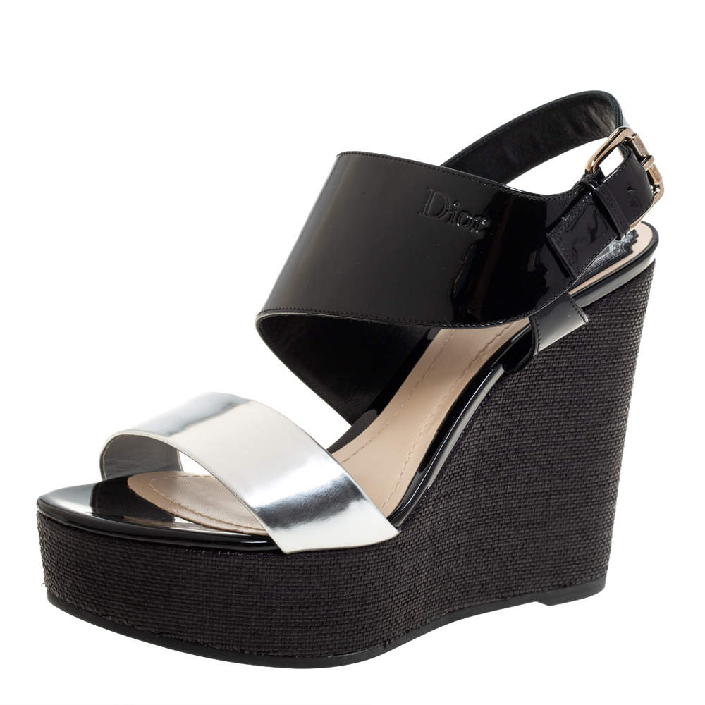 Pre Owned Dior Silver/Black Patent And Leather Wedge Slingback Platform Sandals Size 38