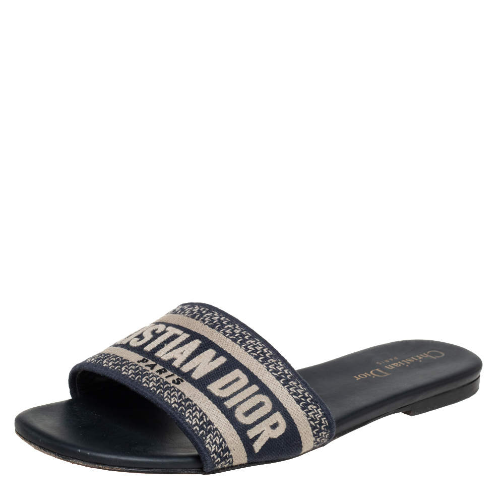 Pre Owned Dior Blue/White Canvas D-Way Slide Flats Size 38