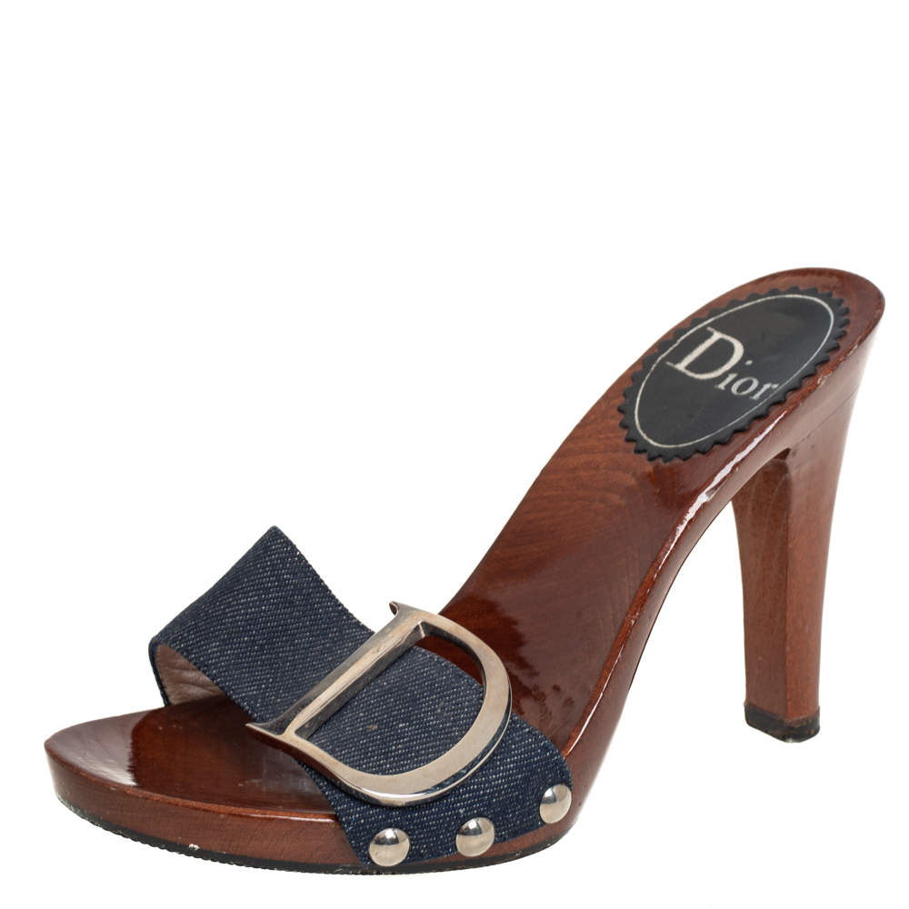 Dior Blue Denim Wooden Clog Slide Sandals Size 35.5